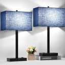 Lynnoland 21" Set of 2 Bedside lamp with USB A+C & AC Outlets, Touch Control 3-Way Dimmable Nightstand Lamps for Bedroom Living Room Office Reading, Blue Shade Touch Lamps, 5000K LED Bulbs Included