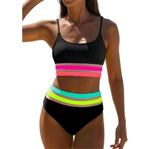 popvil Women's High Waisted Bikini Sets Neon Modest Two Piece Swimsuit 2026 Full Coverage Adjustable Straps Bathing Suit (Large, Black)