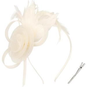 AMCAMI Fascinators Hats with Feather for Women 2026 Derby Hats Small Tea Party Hat with Headband (Beige)