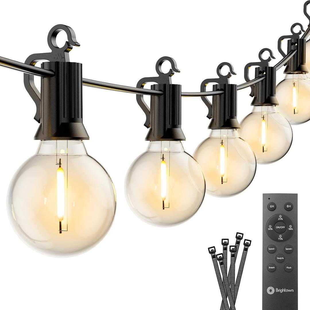 Brightown 38Ft Outdoor String Lights with Remote & 15 Shatterproof LED Bulbs - Waterproof Patio Hanging Lamps for Porch Balcony Bistro Cafe