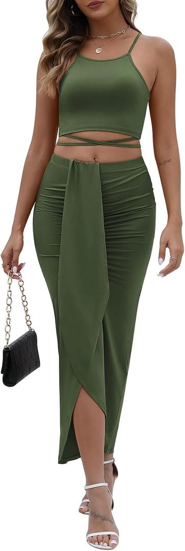HUUSA Women's Sexy 2 Piece Skirt Sets Elegant Bodycon Maxi Dress Sleeveless Tank Shirt Tops High Waist Ruched Slit Long Dress (Green, XXL)