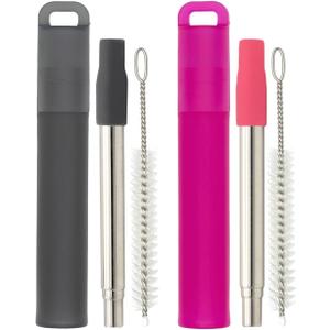 NAIVELY-Metal Reusable Straws, 2 Pack Collapsible Portable Stainless Steel Straws, with Plastic Housing Silicone Tips and Cleaning Brush, Retractable Portable Pocket Drinking Straws (Gray, Pink)