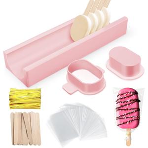 3 Inch Cakesicle Cutter and Cake Pop Mold Set with 8.7in Tray, 100 Wooden Sticks & 100 Bags, Silicone Cakesicle Mold for Homemade Cake Pops, Baking, Birthdays and Party Desserts (Pink)