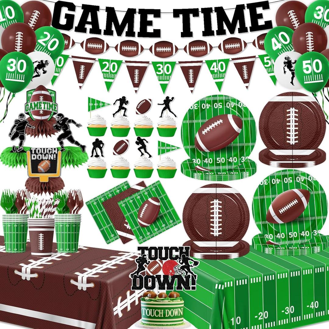 192Pcs Football Party Decorations - Football Themed Plates and Napkins Tablecloths Banner Sport Gameday Tailgate Tableware & Balloons Birthday Party Supplies