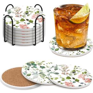 3 x Coasters Set of 6 with Holder,Cute Watercolor Flowers Leaves Absorbent Ceramic Drink Coasters for Tabletop Protection,Coffee Table Decor,Home Decor-Housewarming Gifts for New Home (4Inch) (Watercolor Eucalyptus Floral Green Leaves)