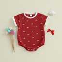 Adobabirl Baby Girl Outfit Newborn Bow Bubble Romper Short Sleeve Waffle Jumpsuit Shirt Infant Cute Summer Clothes (Red, 0-3 Months)