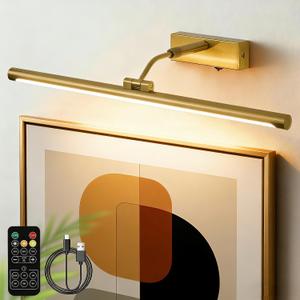 Picture Lights for Wall Battery Operated,24 Inch Wireless Rechargeable Art Lights for Pictures,3CCT Dimmable Retractable Painting Light with Remote & Timer,Glare Free for Gallery Light,Gold