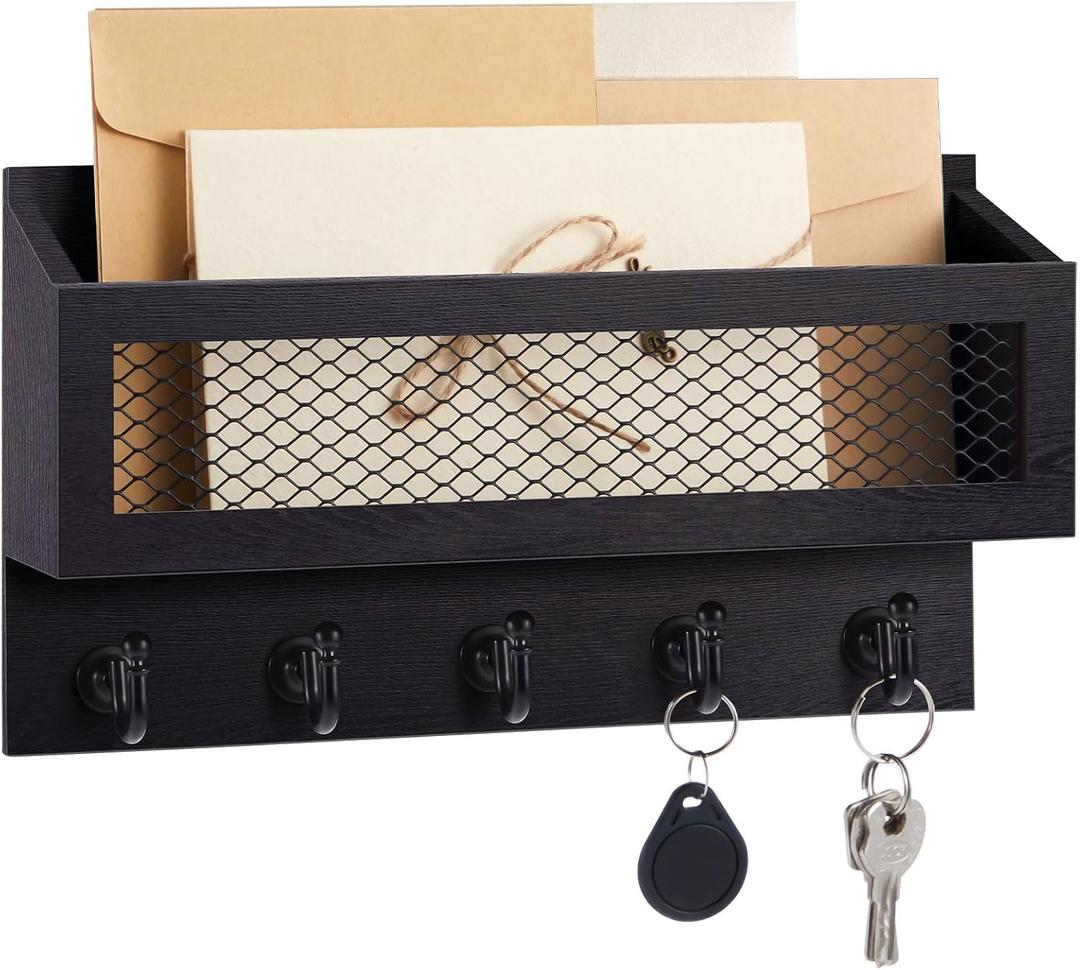 Magnetic Mail and Key Holder for Wall Fridge Wooden Mail Organizer with 5 Key Hooks for Home Bedroom Fridge Kitchen Decorative(Black)
