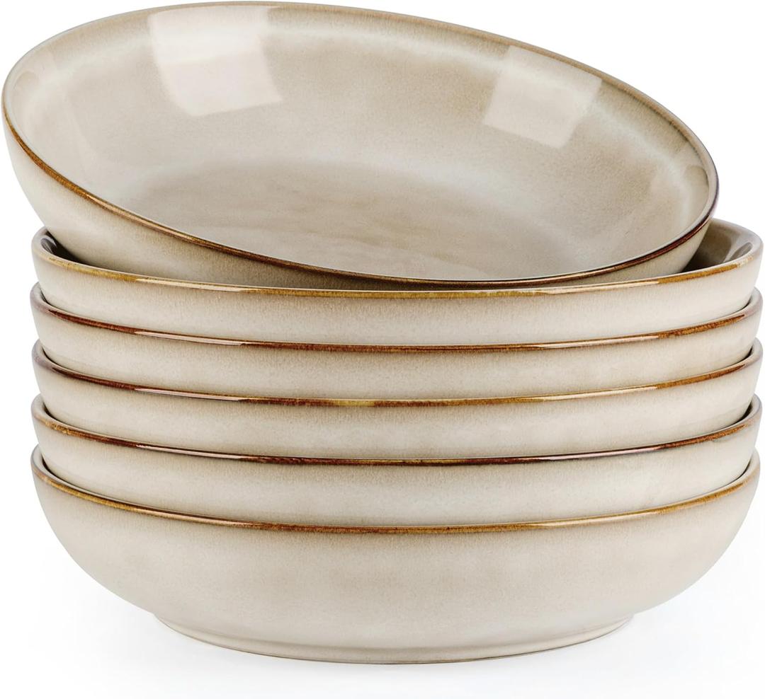 AmorArc 8.5'' Large Pasta Bowls, 36oz Ceramic Salad Serving Bowls Set of 6 for Kitchen, Wide Stoneware Bowls for Pasta,Salad,Fruit,Bread, Microwave Safe, Cappuccino