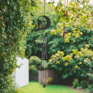 ICE ARMOR 27" Long Cat on Moon with Black Gem Wind Chime Statue Sculpture Ornament Decoration Home/Room Decor Ideas for Housewarming, Holidays and Birthdays Great Collectible Addition