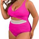 B2prity Women's Plus Size One Piece Swimsuit Tummy Control V Neck Bathing Suit Ruched High Waisted Cutout Swimwear XL
