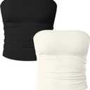 OQQ Womens 2 Piece Tube Tops Strapless Basic Sleeveless Stretch Classic-Fit Shirts Sexy Crop Tops (Small, Black,beige)