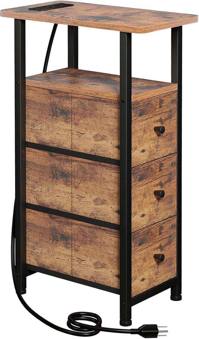 Narrow End Table Living Room with Charging Station, Skinny Side Table with Fabric Drawers, Slim Nightstand for Bedroom, Small Spaces, Couch, Rustic Brown, HETNDP03PBR-1