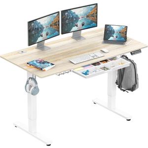 SHW 55 x 28 Inches Electric Height Adjustable Standing Desk with Drawer and Memory Preset, Maple
