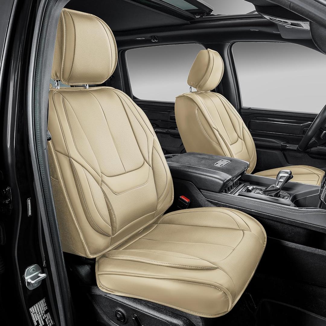 OASIS AUTO Custom Fit Seat Covers for 2019-2025 Ram 1500 2500 3500 (Crew & Quad Cab), Full Set Premium Leatherette, Waterproof Truck Protectors (Tan, for Curved Rear Seat)