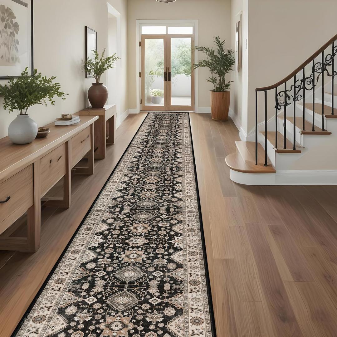 Washable Hallway Runner Rug 3x20: Non Slip Runner Rugs with Rubber Backing Soft Kitchen Rug Farmhouse Distressed Carpet Runner for Living Room Bedroom Bathroom (Black, 3X20)