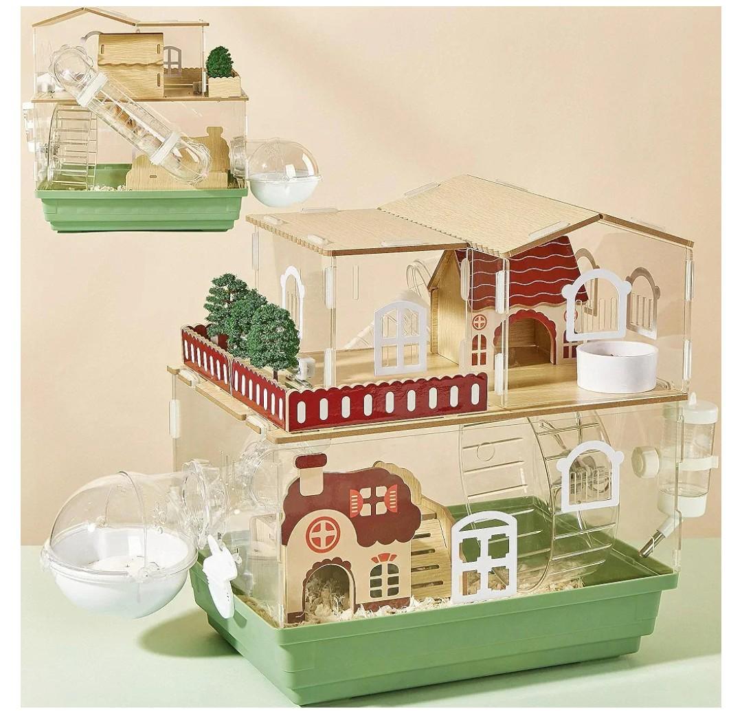 12 in 1 Clear Acrylic Hamster Cage with All Accessories,13.5''L* 10''W* 15''H Dwarf Hamster Cage,Magnetic Connection Small Hamster Enclosure,Garden Style Wooden Mouse Cage for Pet Mice(2-Layer,Green)