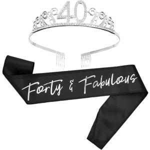 BLUE PANDA 40th Birthday Sash and Tiara for Women, Forty and Fabulous Party Decorations (Black Satin 40th Birthday Sash For Women)