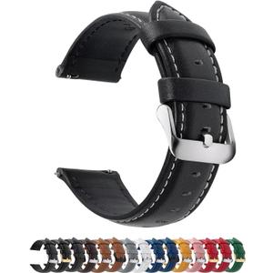 Fullmosa Watch Band, Quick Release Leather Watch Strap for Men Women, Replacement Bands Width 14mm 16mm 18mm 19mm 20mm 21mm 22mm 24mm (Black+silver buckle)