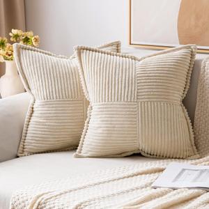 MIULEE Corduroy Pillow Covers with Splicing Set of 2 Super Soft Boho Striped Pillow Covers Broadside Decorative Spring Throw Pillows for Couch Cushion Livingroom 20x20 inch, Beige (20" x 20" (Pack of 2))