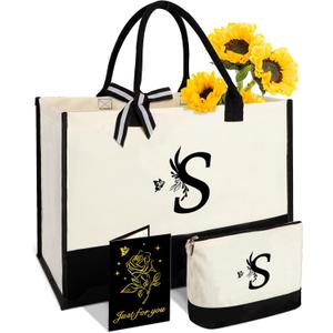 Personalized Gifts for Women - Initial Canvas Tote Bag & Makeup Bag, Custom Bags for Beach, Christmas, Wedding, Birthday, Holiday, Monogram Birthday Gifts for Women, Mom, Wife, Teacher, Friend - S