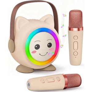Mini Karaoke Machine Toy for Kids, Portable Karaoke Machine with 2 Wireless Microphone for 4,5,6,7,8,9,10,11,12+ Years Old Christmas Birthday Gifts Girls Boys (Beige)