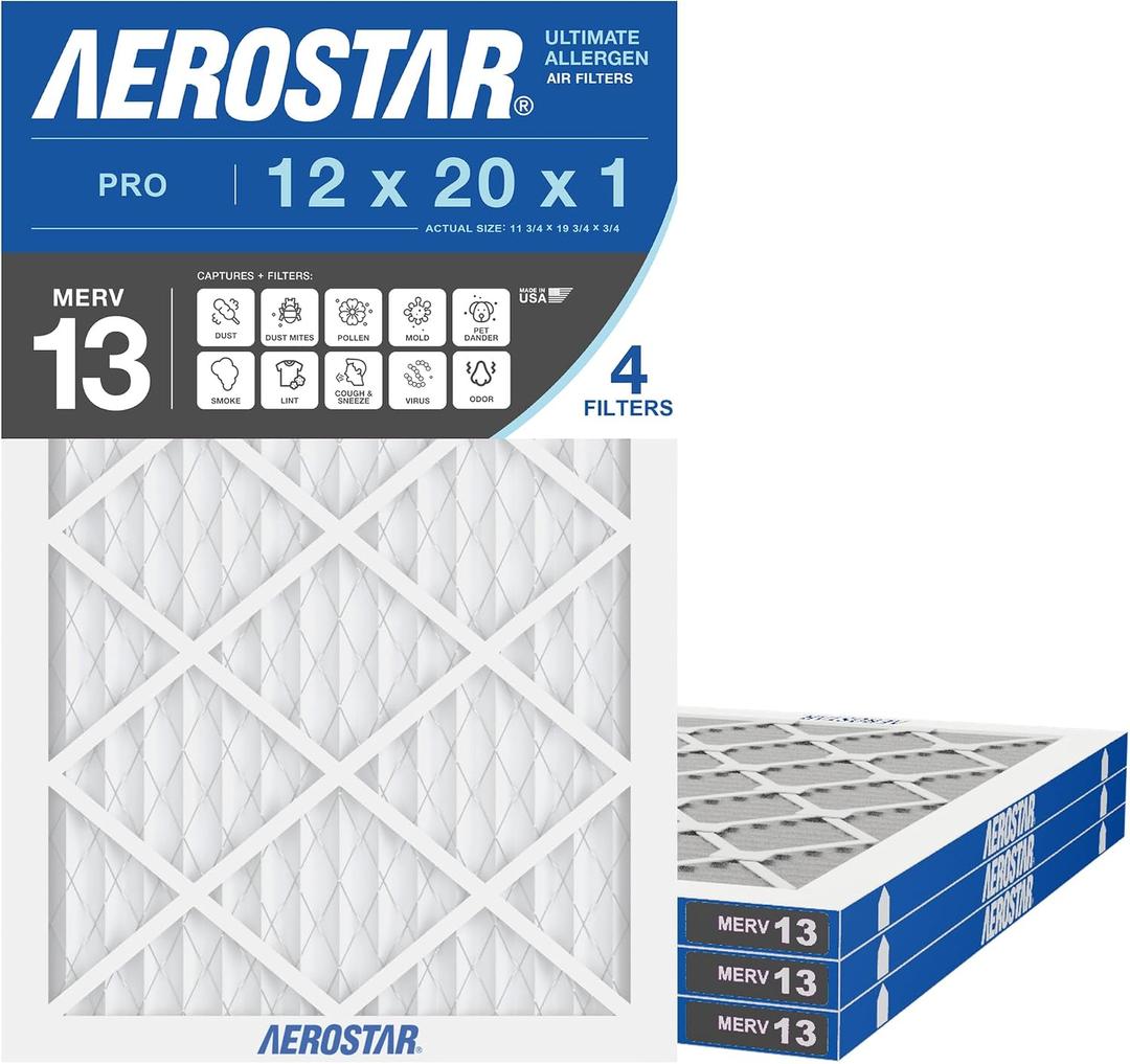 Aerostar Air Filter 12x20x1 MERV 13 AC Filter, HVAC, Furnace Filter, 4 Pack | ACTUAL SIZE (11.75 x 19.75 x 0.75 ) AC Filter, Furnace Filter, Allergies, Dust, Pet Dander & Smoke MERV 13 (MPR 1500)