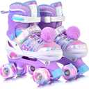 SULIFEEL Rainbow Tie-Dye Adjustable Roller Skates for Girls Kids Ages 3-5 5-8 6-12 Pink Purple Light Up Skate with Fluffy Pom Poms Triple Protection for Indoor Outdoor Skating (Medium - Big Kid)