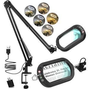 12X Magnifying Glass with Light and stand, Rectangle Real Glass Lens, Large 2*16 Inch Swivel Arm LED Lighted Clamp Desk Lamp, 5 Color Modes Dimmable, Magnifier for Reading Painting Craft Close Work (Black)