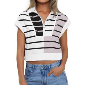 Fiesow Womens Summer Cap Sleeve Half Zip Striped Cropped T Shirts Casual Color Block Collared V Neck Loose Pullover Tops (Medium)