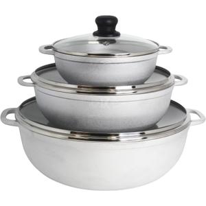 IMUSA Caldero Stock Pot with Glass Lid 3pc Set, 1.5/3.5/7 QT, Cast Aluminum, Perfect for Serving Large & Small Groups, Riveted Handles, Made in Colombia, Silver