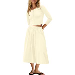 Panadila Womens 2 Piece Lounge Sets Matching Vacation Outfits Ribbed Button Down Cardigan and Elastic Waist Skirt Sets (Large, Ivory)