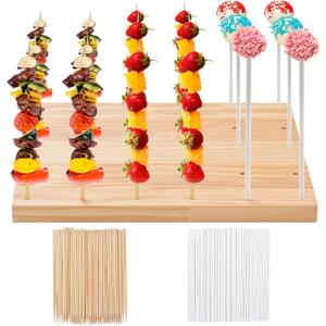 30 Holes Wooden Skewer Display Holder,Rectangle Fruit Kabobs Skewers Stand,Catering Appetizer Fruit Pick Stand Skewers,Wheat Color Wood Lollipop Holder for Baby Shower Birthday Cocktail Party