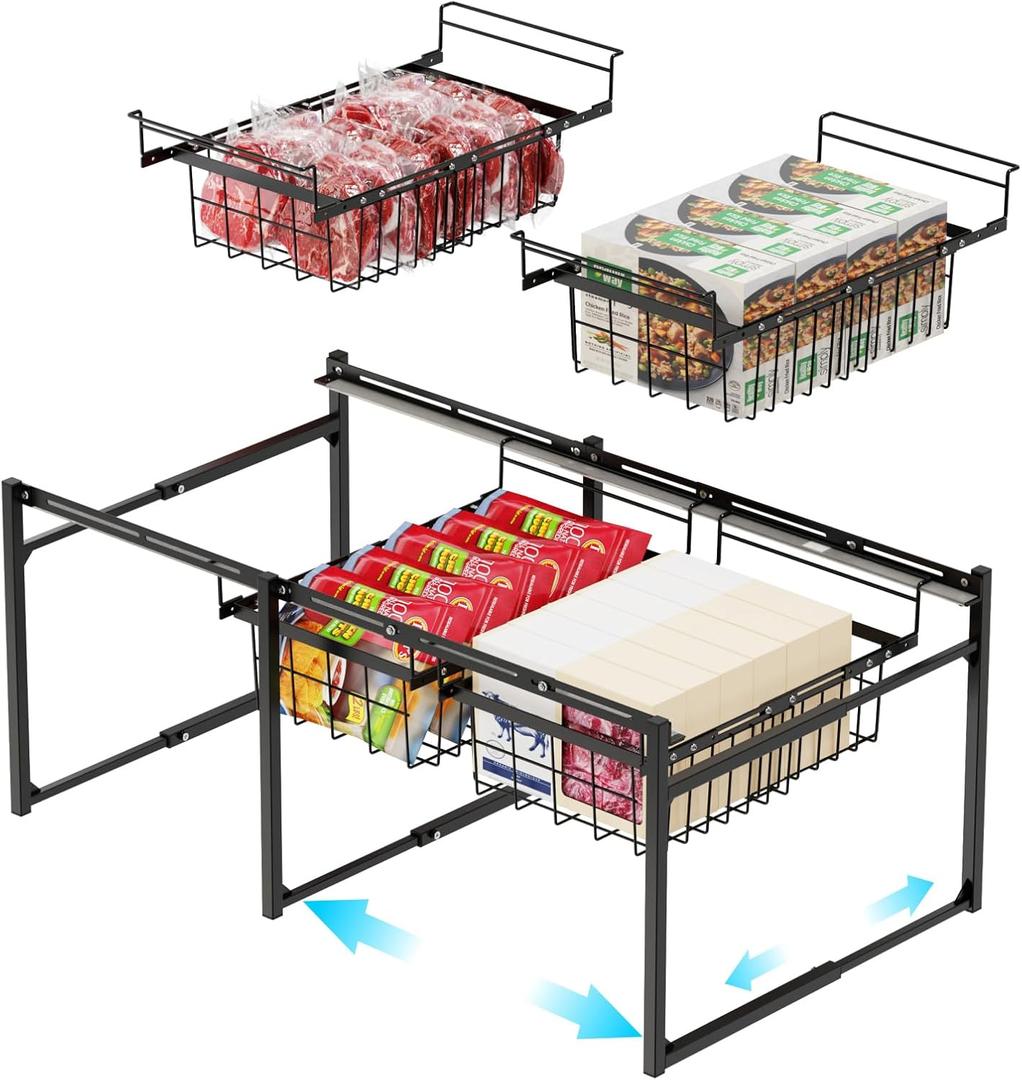 iSPECLE Freezer Organizer - Fits 14.8 to 16 Cu.Ft Large Deep Freezer, 4 Pcs Hanging Bins and 2 Tier Rack Divided Space into 3 Layers, Easy Slide to Get All Food, Black