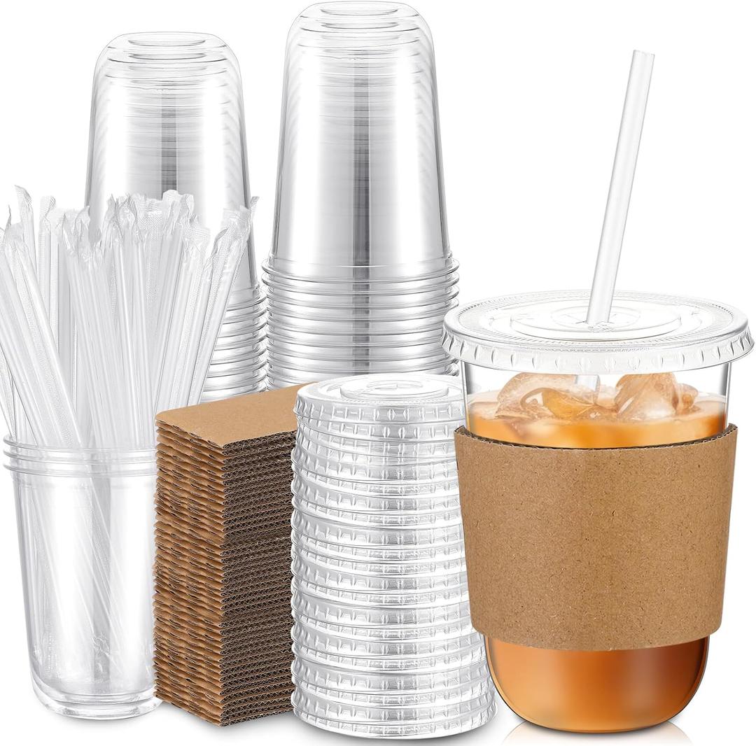 Ziliny 50 Sets Clear Plastic Cups with Lids Straws and Cup Sleeve, Disposable Plastic Iced Coffee Cup for Cold Drinks Juice Smoothie Coffee Shops Party Catering (16 oz) (EXP 01/01/29)