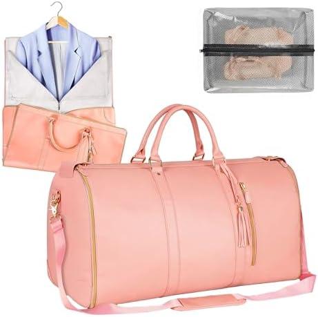 Garment Duffle Bags for Travel, Convertible Cloth Luxe Mega Bag with Shoe Pouch, 2 in 1 Waterproof Travel Suit Bag with Shoulder Strap for Men Women(Pink)