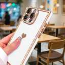 for iPhone 16 Pro Max Case Cute Love Heart Plating for Women, with Screen Protector, Glitter Sparkle Rhinestone Diamond Border Design Slim Rectangle Wireless Protection Case Cover, White