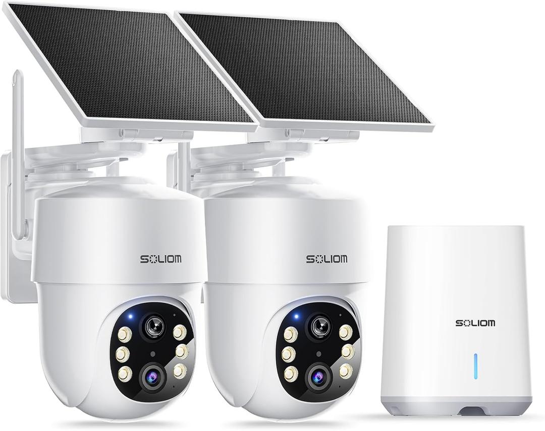 SOLIOM- 5MP Security Cameras Wireless Outdoor, No Subscription,2-Cam Pack, Solar Powered Home Security Camera with 360 Auto Tracking, Pan & Tilt, 3K Color Night Vision,5G & 2.4G Router Compatible