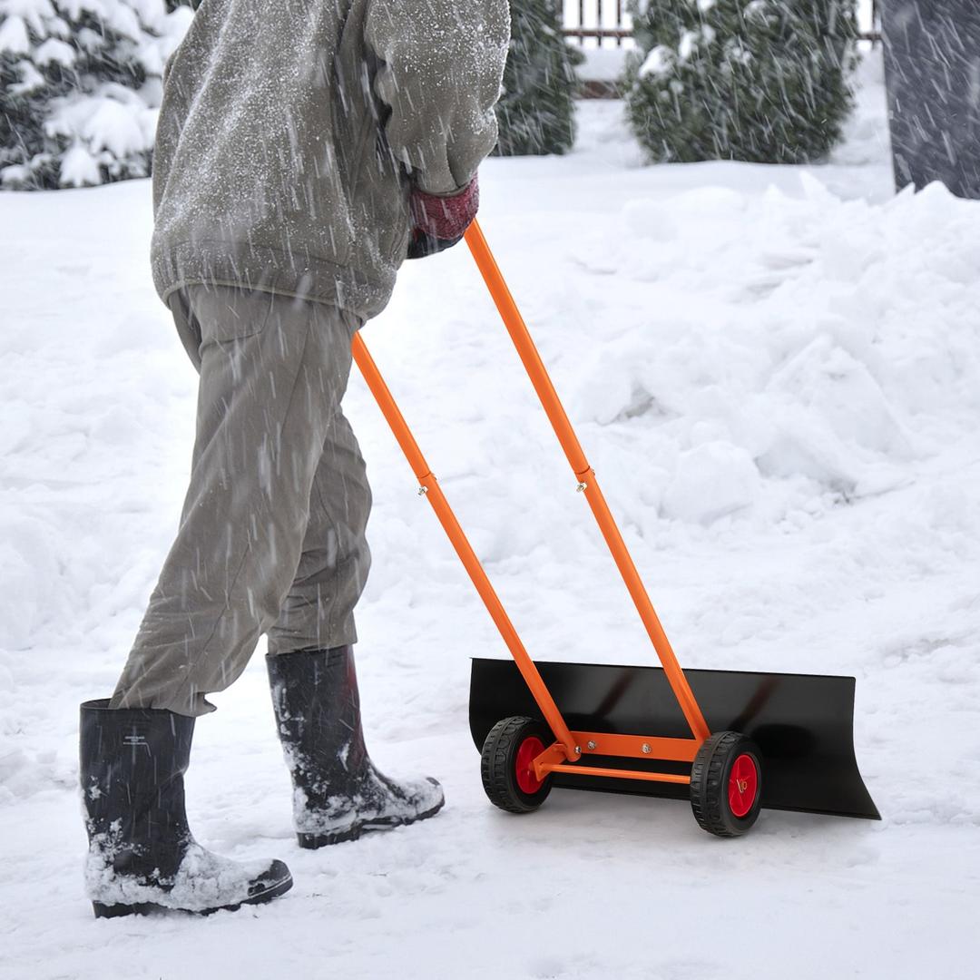 IRONMAX Snow Shovel for Driveway, 29’’ Metal Snow Pusher with 10’’ Rubber Wheels & Ergonomic Adjustable Angle Handle, Rolling Snow Removal Plow Tool for Doorway Sidewalk