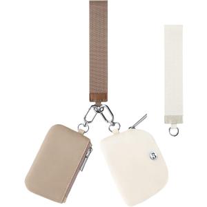 Babysun Mini Zip Around Dual Pouch Wristlet With 2 Straps Wristlet Keychain Wallet for Women Coin Purse Small Cute for Teen Girl (Khaki & Brown Upgraded)