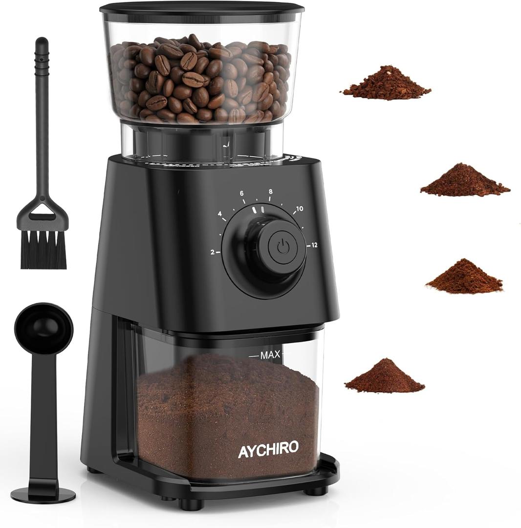 AYCHIRO Coffee Grinder Electric, Coffee Beans Grinder for Home Use with 30 Grind Settings - 12 Cups Capacity for Espresso, Drip & Americano, Black