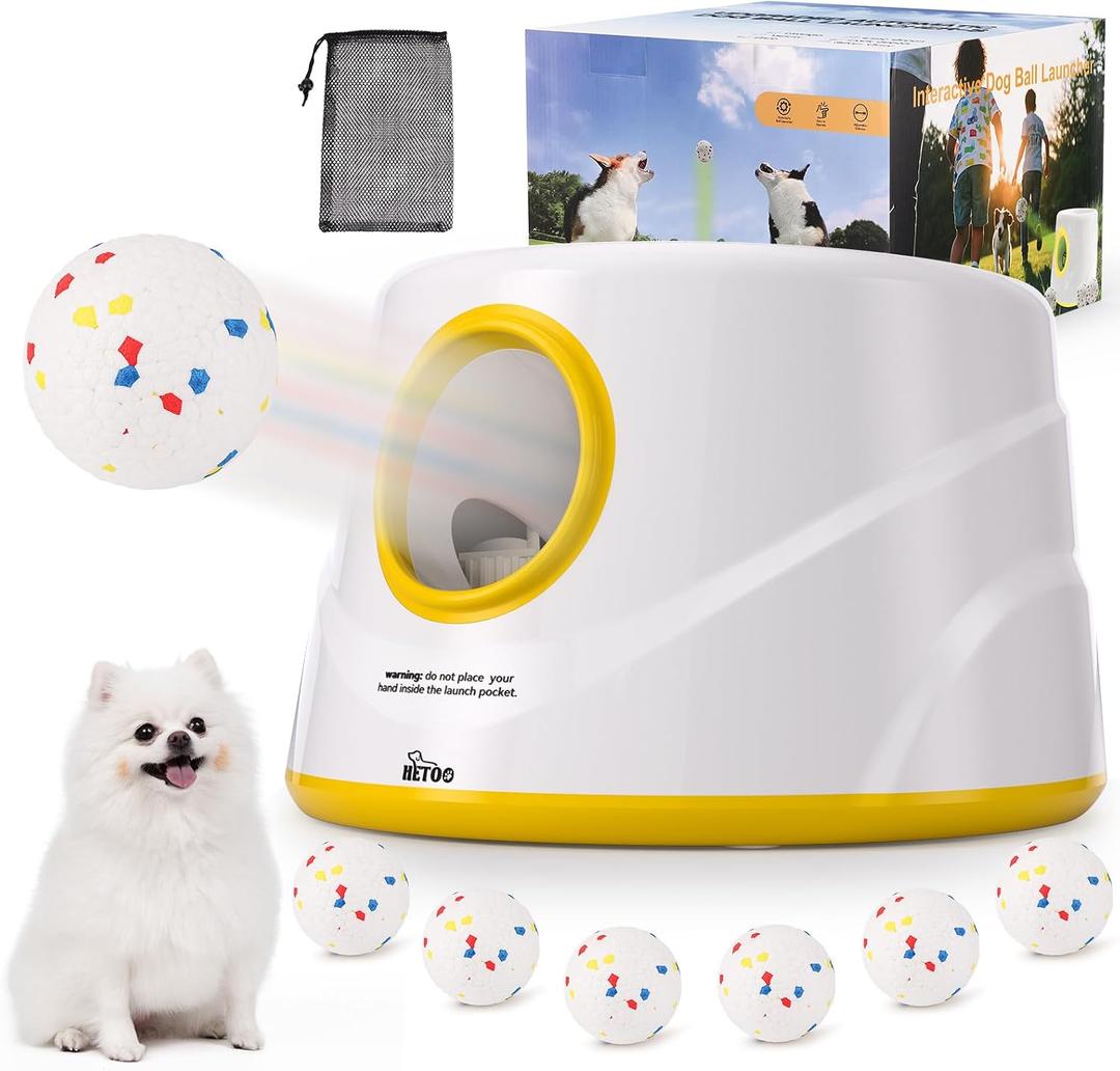 HETOO Dog Ball Launcher, Dog Ball Thrower, Automatic Dog Ball Launcher with 3 Adjustable Distance 20-40FT, 6 ETPU Balls, Indoor Outdoor Interactive Dog Toys for Small/Medium Dogs