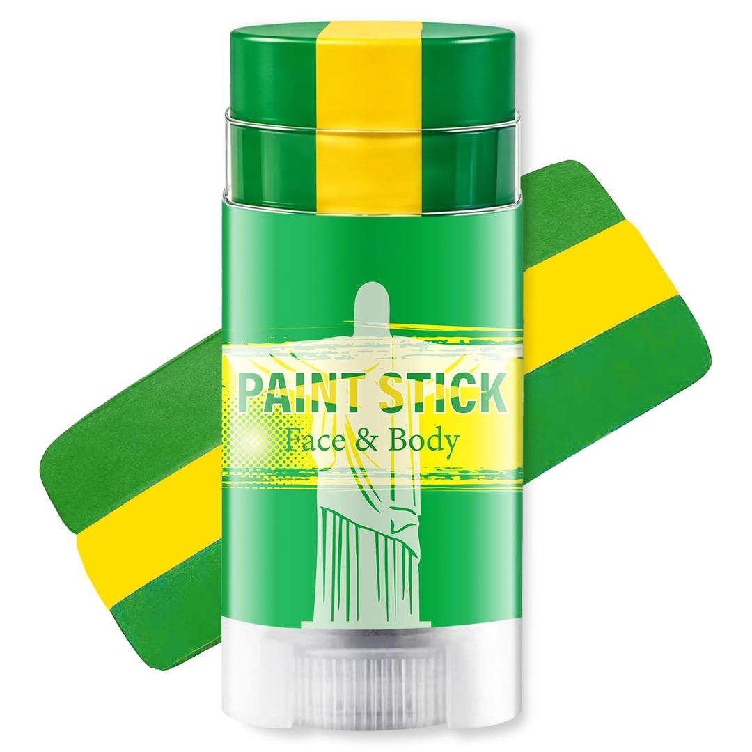 2 x Green Yellow and Green Brazil Face Paint Stick for World Cup Fans, Sweatproof & High Pigment Sports Face Body Paint Sticks for Football, Rugby, Softball, Baseball, Lacrosse, Party Accessories