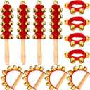 12 PCS Christmas Hand Jingle Bells Wooden Handle Bells Wrist Band Shaking Bell Stick Musical Percussion Instrument Bell for Xmas Holiday Music Birthday Party Favors (Red, Gold)