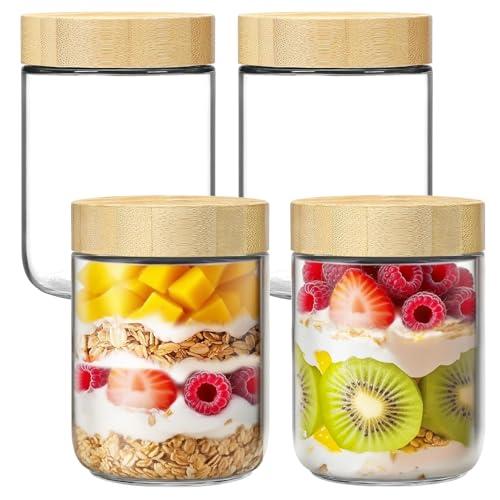 qiaomifeng 4 Pack 16oz Glass Jars with Bamboo Lids, Overnight Oats Containers with Airtight Lids, Storage Containers Wide Mouth Mason jars for Salad,Yogurt, Sugar, Snacks, Spices