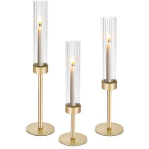 Gold Hurricane Glass Candle Holders: Cadhodenm Tall Glass Candlestick Holder for Wedding Set of 3 Brass Taper Candle Holders Modern Candle Sticks Holder for Table Centerpiece Party Christmas Home