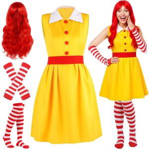 TaoBary 4 Pcs Halloween Fast Food Clown Waitress Costume Set for Women Long Arm Gloves Knee High Socks Red Wig for Cosplay (Medium)