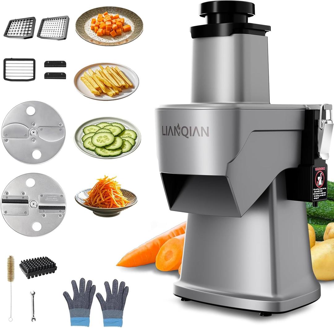 4 in 1 Electric Vegetable Chopper Automatic Multifunctional Food Cutter Slicer for Slicing Shredding Dicing Slitting with Quiet Motor (200W/110V), Multi Blades for Commercial and Home Use