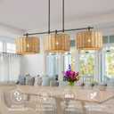 41" Chandelier Woven Rattan Light Fixture with 3 Wicker Lampshades, Large Linear Boho Chandeliers Drum Pendant Lights Kitchen Island