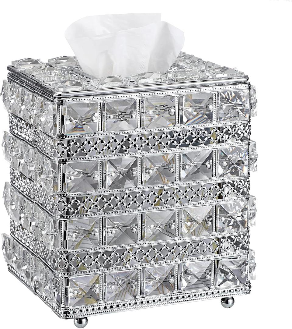 Sumnacon Crystal Square Tissue Box Cover - Sparkling Cube Glass Tissue Box Holder, Decorative Facial Tissue Holder for Bedroom Bathroom Dresser Night Stand Table Countertop Home Decor, Silver